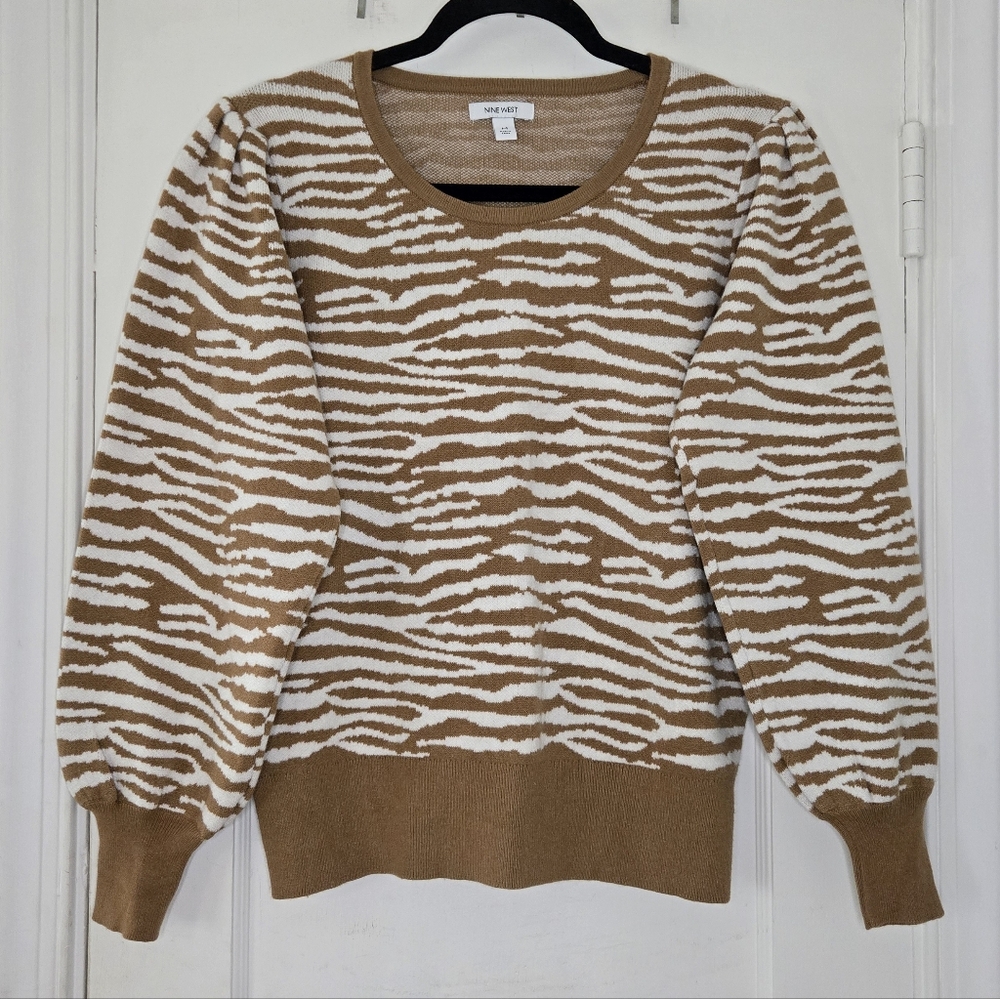 Nine West Brown & White Zebra Puff-Sleeved Sweater - Women's Medium